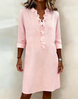 Ruffled V-Neck Solid Color Dress