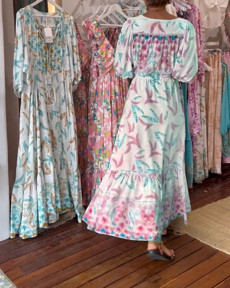 Women&#39;s V-neck leaf print maxi dress