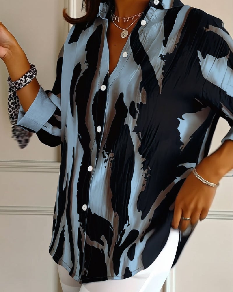 Stand Collar Irregular Printed Blouse