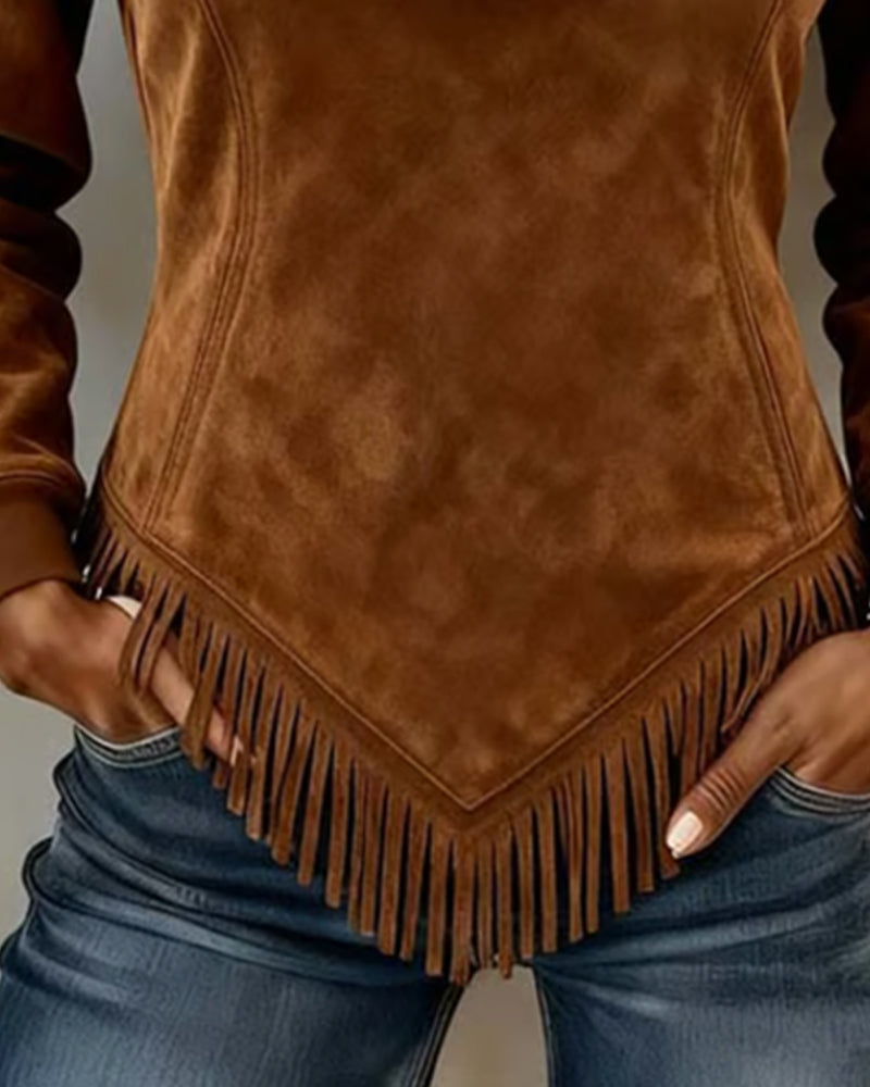 Half-Zip Asymmetric Fringe Sweatshirt