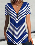 Zipper V-Neck Striped T-Shirt