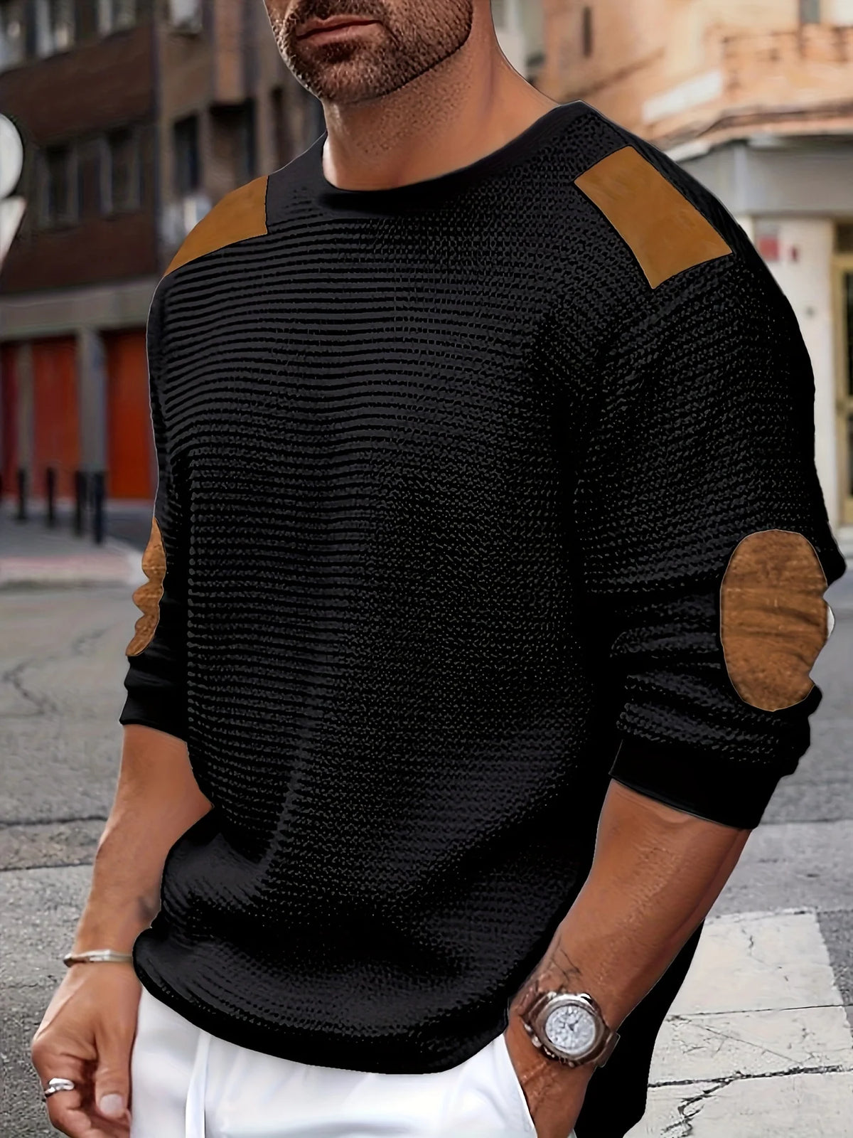 Aero Men's Quarter Zip Pullover | Textured Waffle Knit with Elbow Patches 7