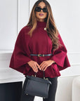 Short Red poncho coat with batwing sleeves, elegant and casual for women