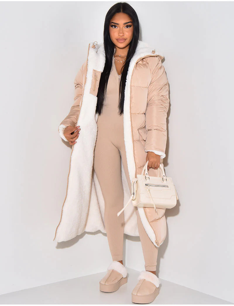 Long Puffer Coat with Fleece Lining and Hood