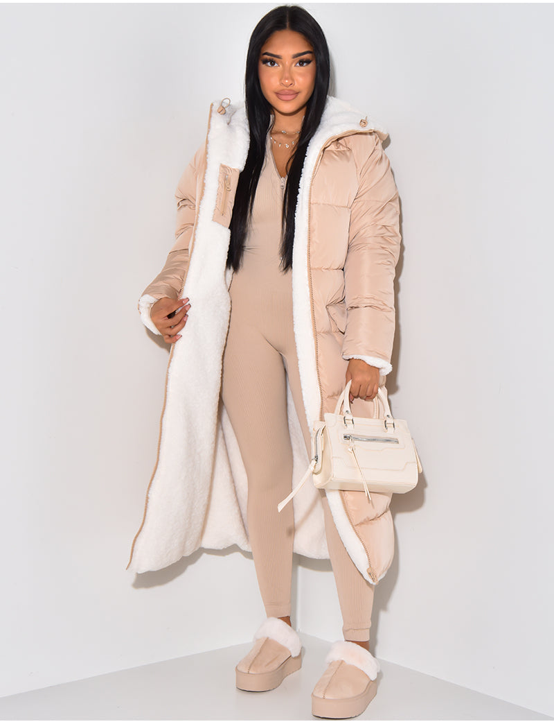 Long Puffer Coat with Fleece Lining and Hood