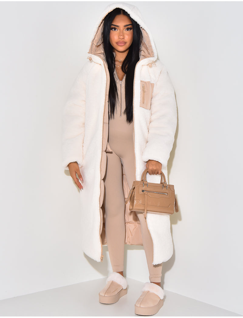 Long Puffer Coat with Fleece Lining and Hood