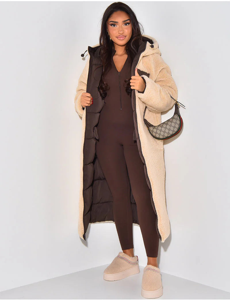 Long Puffer Coat with Fleece Lining and Hood