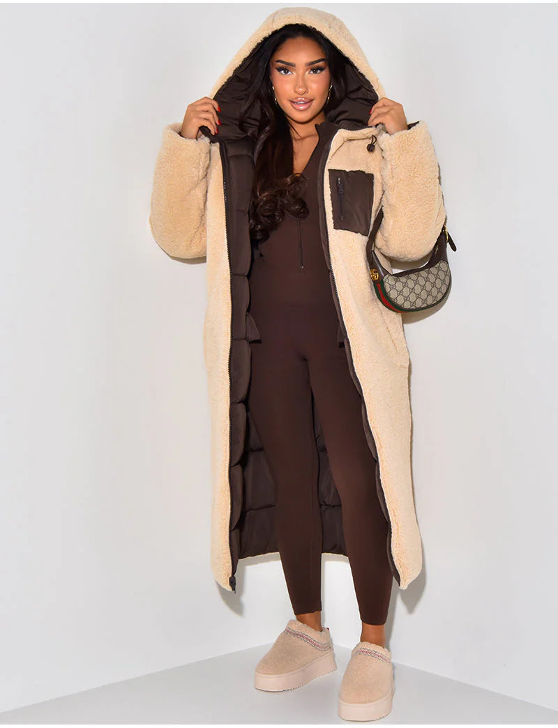 Long Puffer Coat with Fleece Lining and Hood