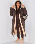Long Puffer Coat with Fleece Lining and Hood