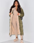 Long Puffer Coat with Fleece Lining and Hood