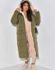Long Puffer Coat with Fleece Lining and Hood