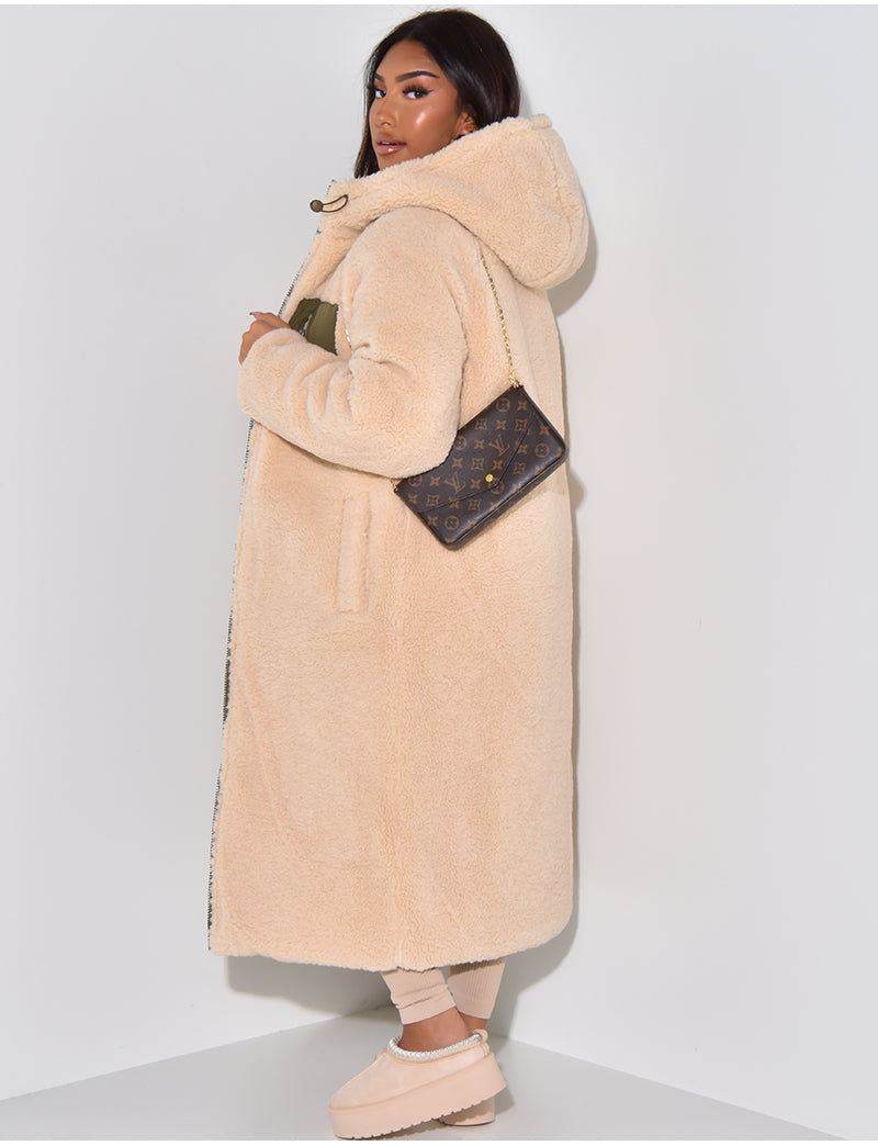 Long Puffer Coat with Fleece Lining and Hood