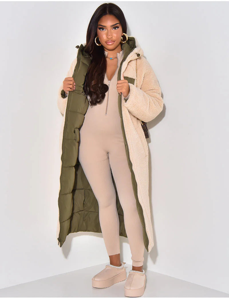 Long Puffer Coat with Fleece Lining and Hood