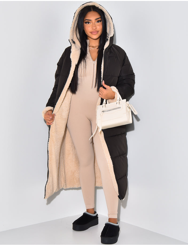 Long Puffer Coat with Fleece Lining and Hood