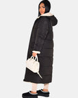 Long Puffer Coat with Fleece Lining and Hood