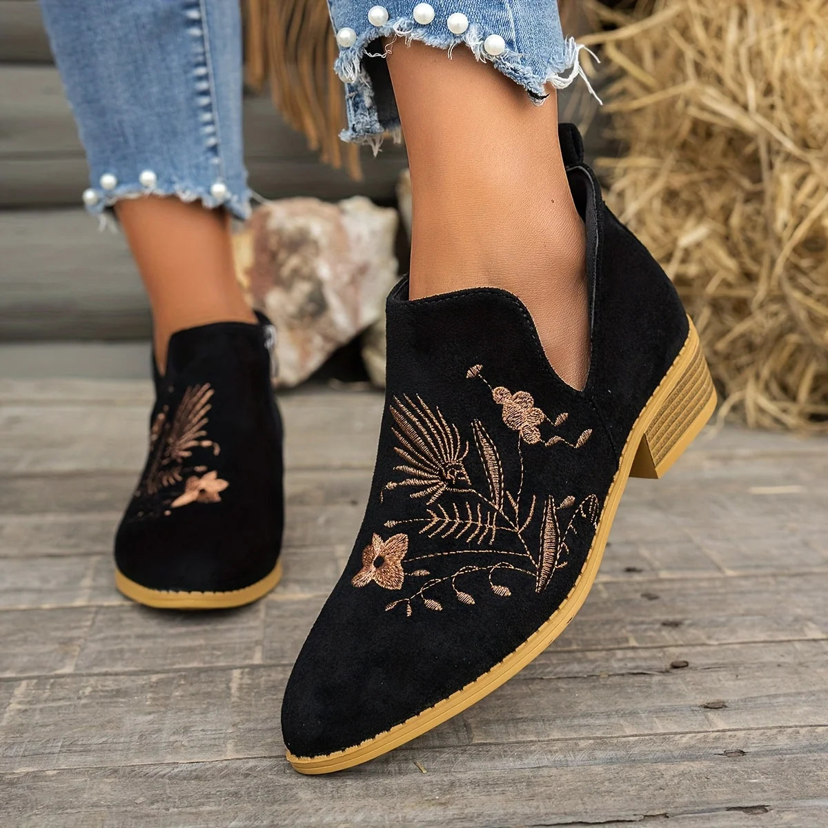 Ivy Black Ankle Boots | Embroidered Low Heel, Side Zipper 0