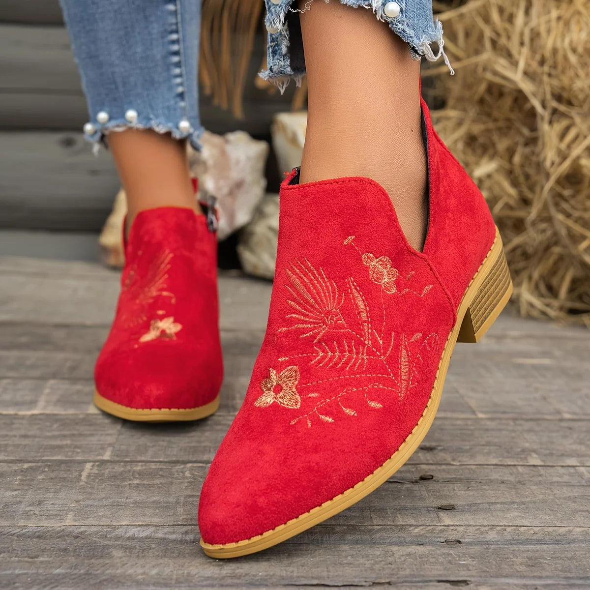 Ivy Black Ankle Boots | Embroidered Low Heel, Side Zipper 10