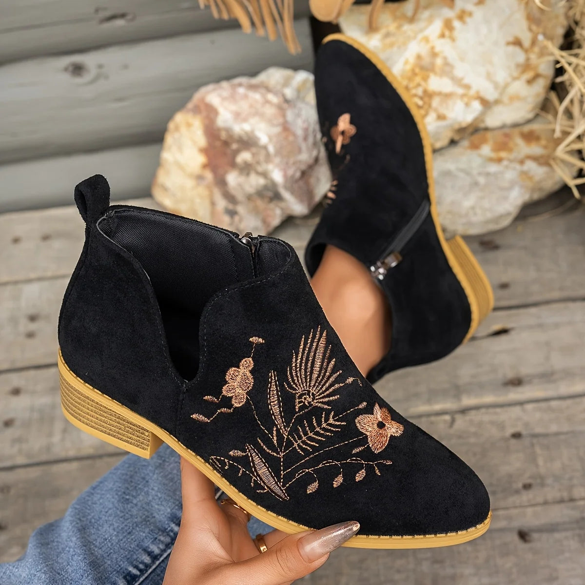 Ivy Black Ankle Boots | Embroidered Low Heel, Side Zipper 2