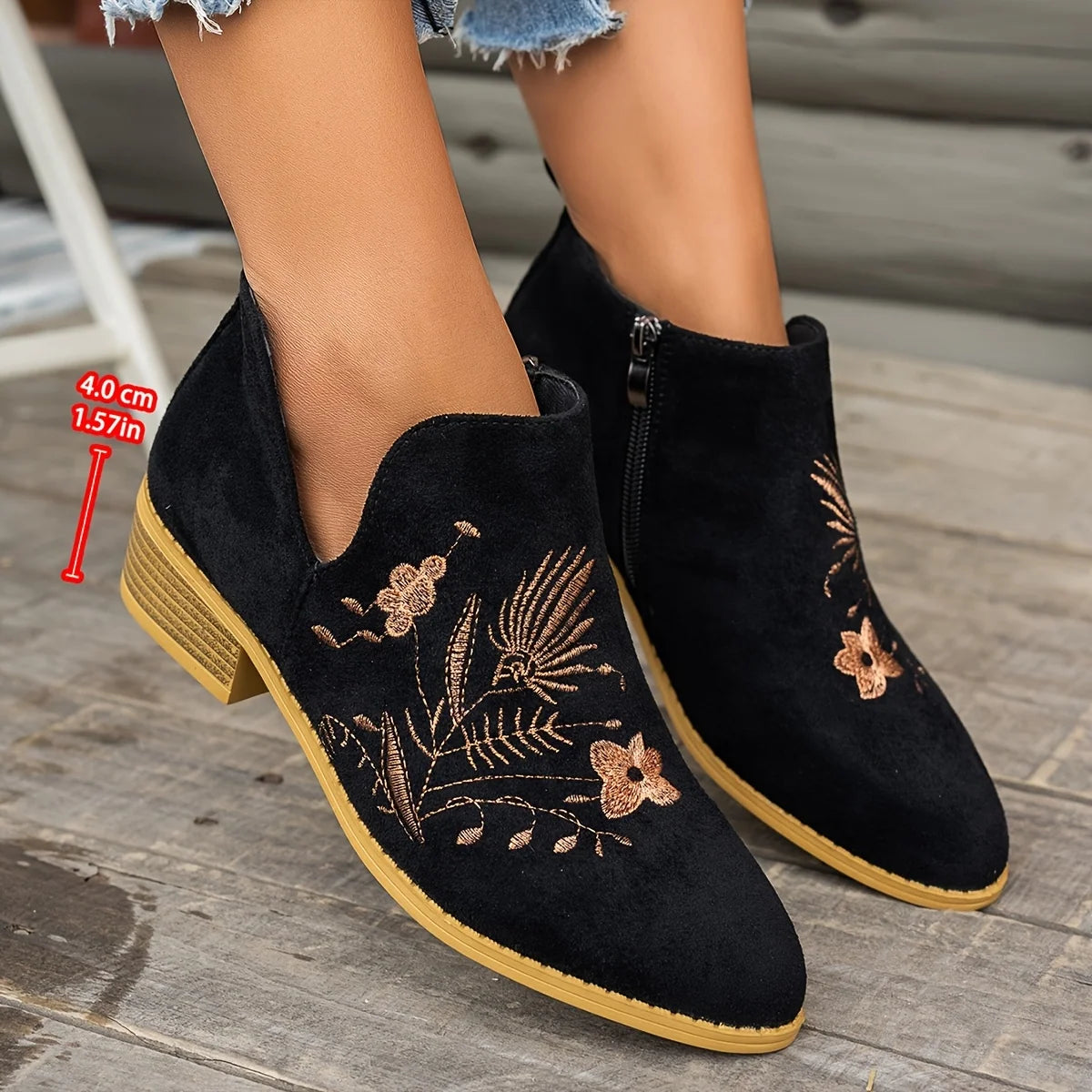 Ivy Black Ankle Boots | Embroidered Low Heel, Side Zipper 3