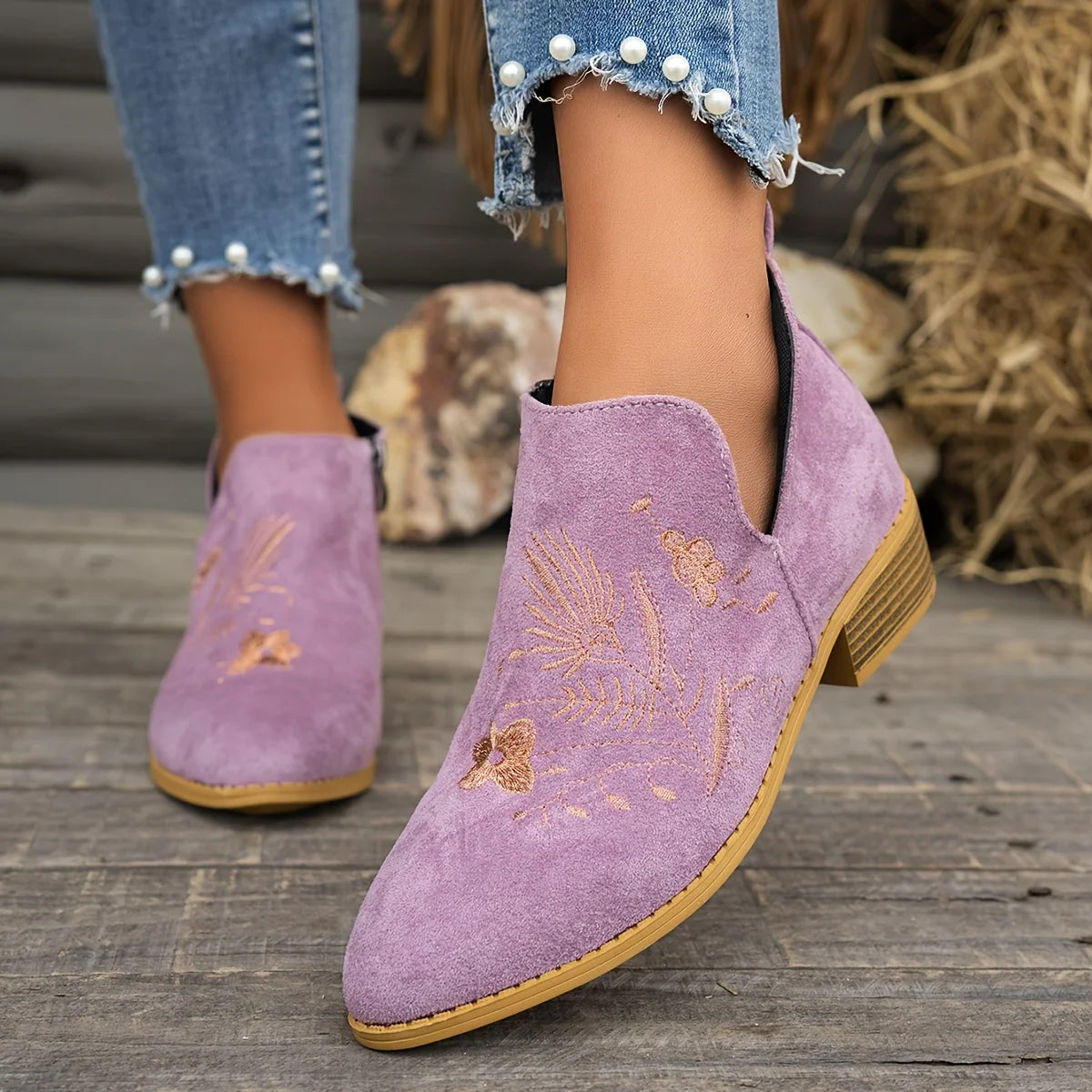 Ivy Black Ankle Boots | Embroidered Low Heel, Side Zipper 4