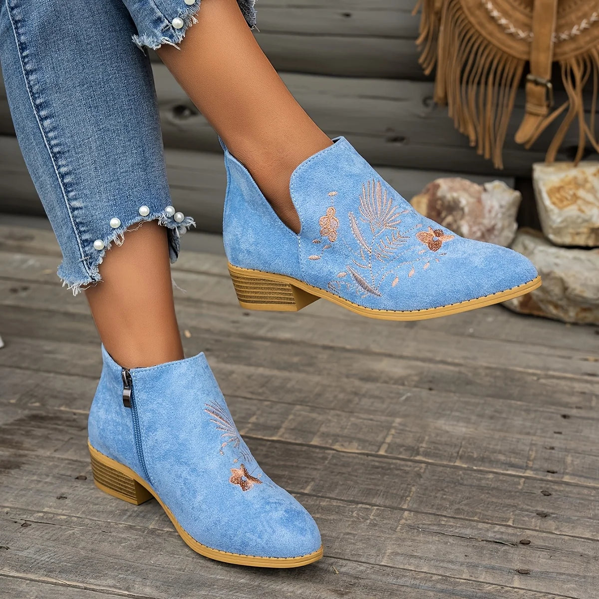 Ivy Black Ankle Boots | Embroidered Low Heel, Side Zipper 5