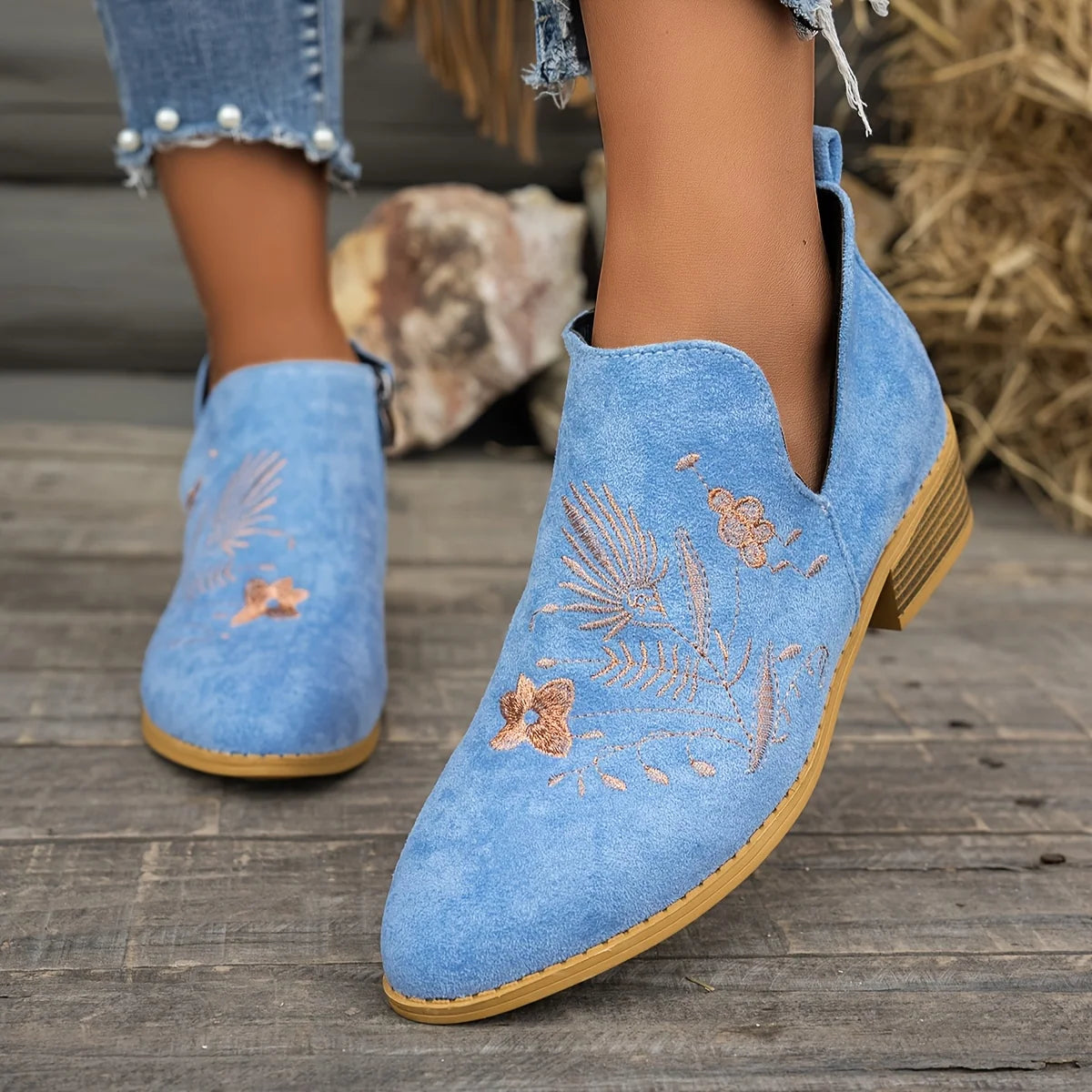 Ivy Black Ankle Boots | Embroidered Low Heel, Side Zipper 8