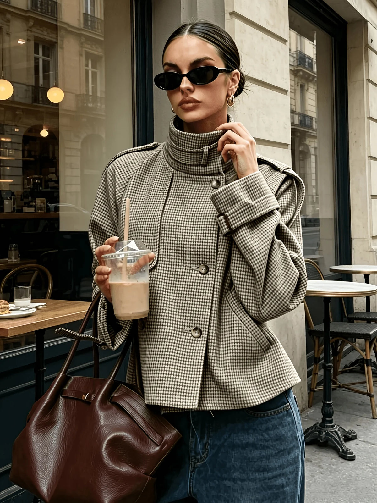 Mara Jacket | Cropped Fit, Houndstooth Pattern, Stand-Collar 1