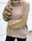 Striped Plaid Patchwork Waffle Knit Turtleneck Sweater