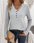 Ribbed Button Front Casual V Neck Long Sleeve Sweater