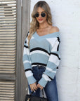 Color Block V-Neck Dropped Shoulder Sweater