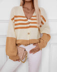 Color Block V-Neck Button Down Long Sleeve Cardigan