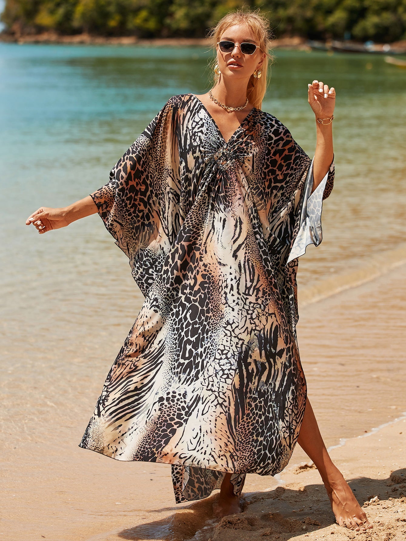 Coral Breeze Wrap Dress with Kimono Sleeves