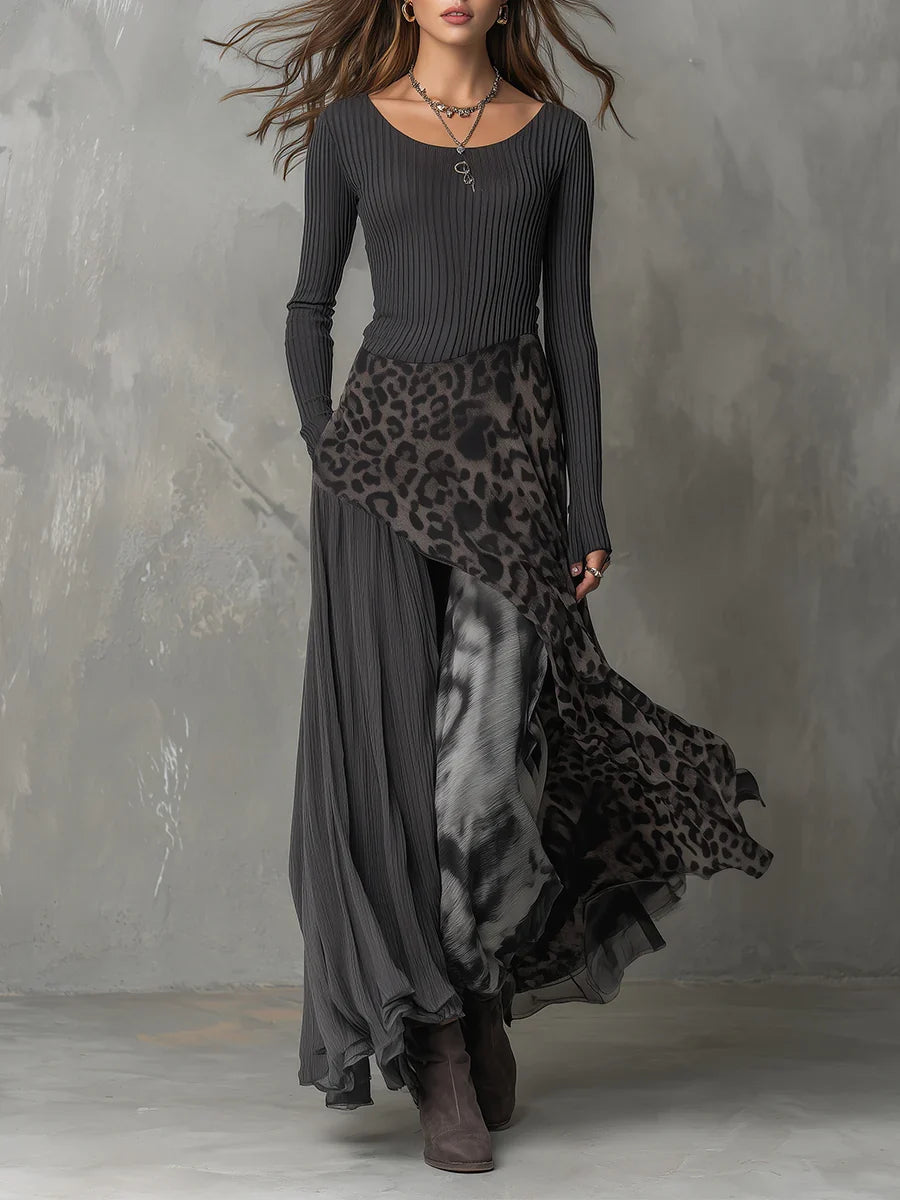 Trinity Maxi Dress | Slim Fit, Soft Gray Stripes with Leopard Print 0