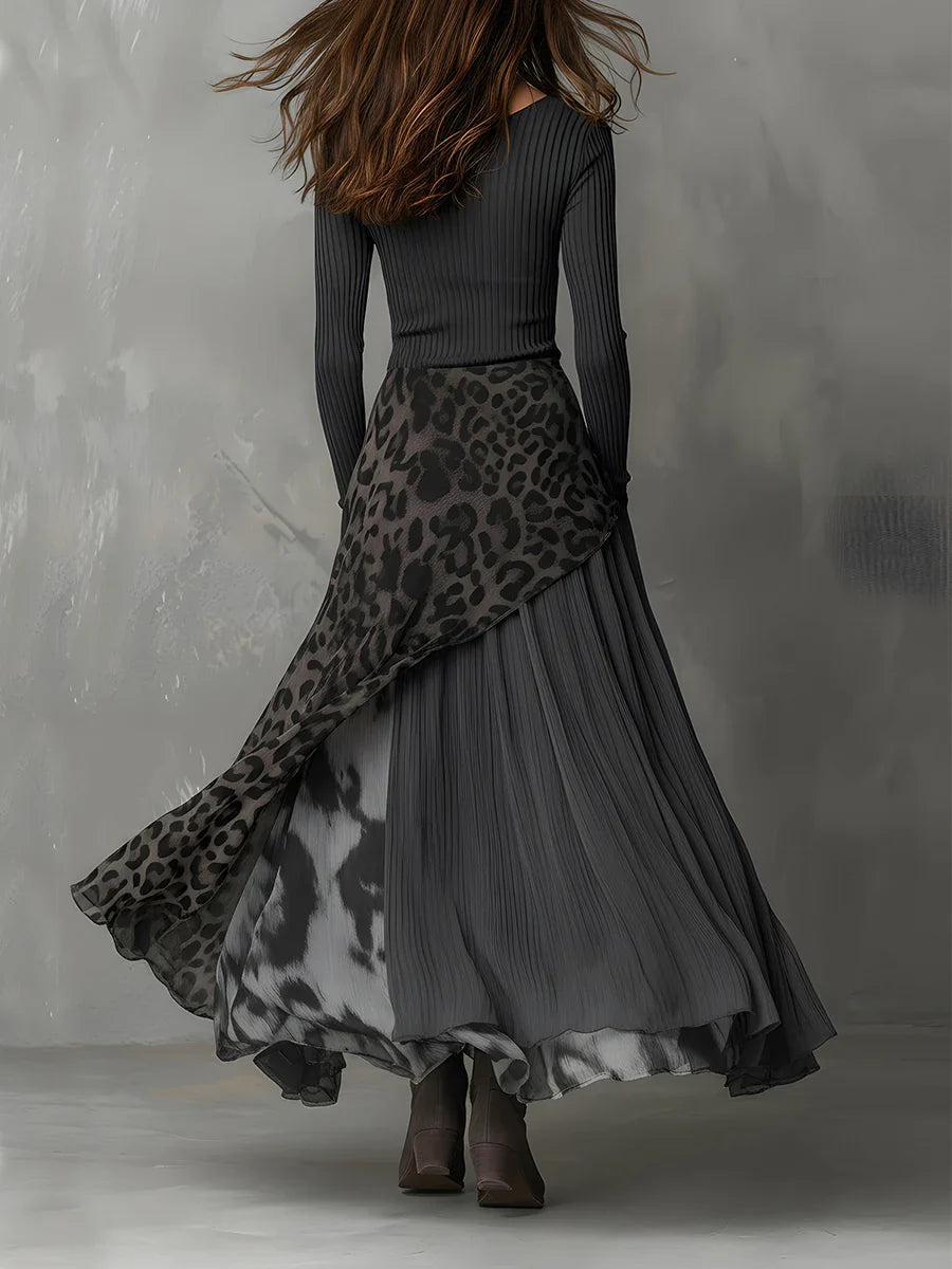 Trinity Maxi Dress | Slim Fit, Soft Gray Stripes with Leopard Print 1