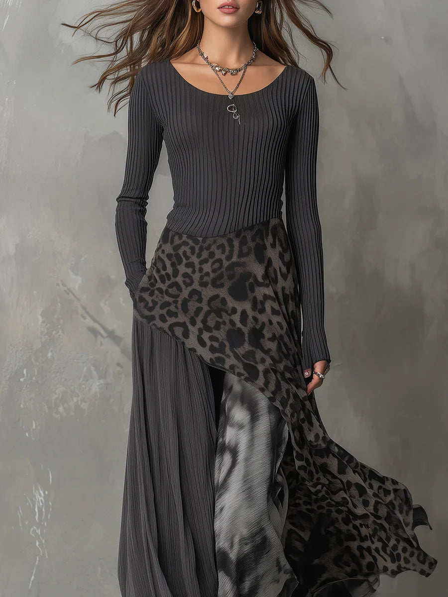 Trinity Maxi Dress | Slim Fit, Soft Gray Stripes with Leopard Print 2