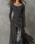 Trinity Maxi Dress | Slim Fit, Soft Gray Stripes with Leopard Print 2