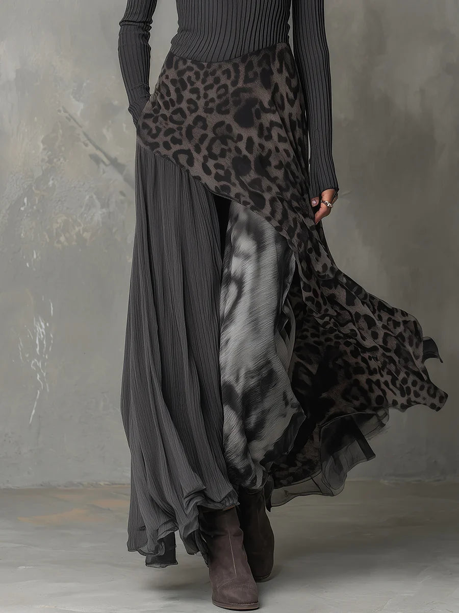 Trinity Maxi Dress | Slim Fit, Soft Gray Stripes with Leopard Print 3