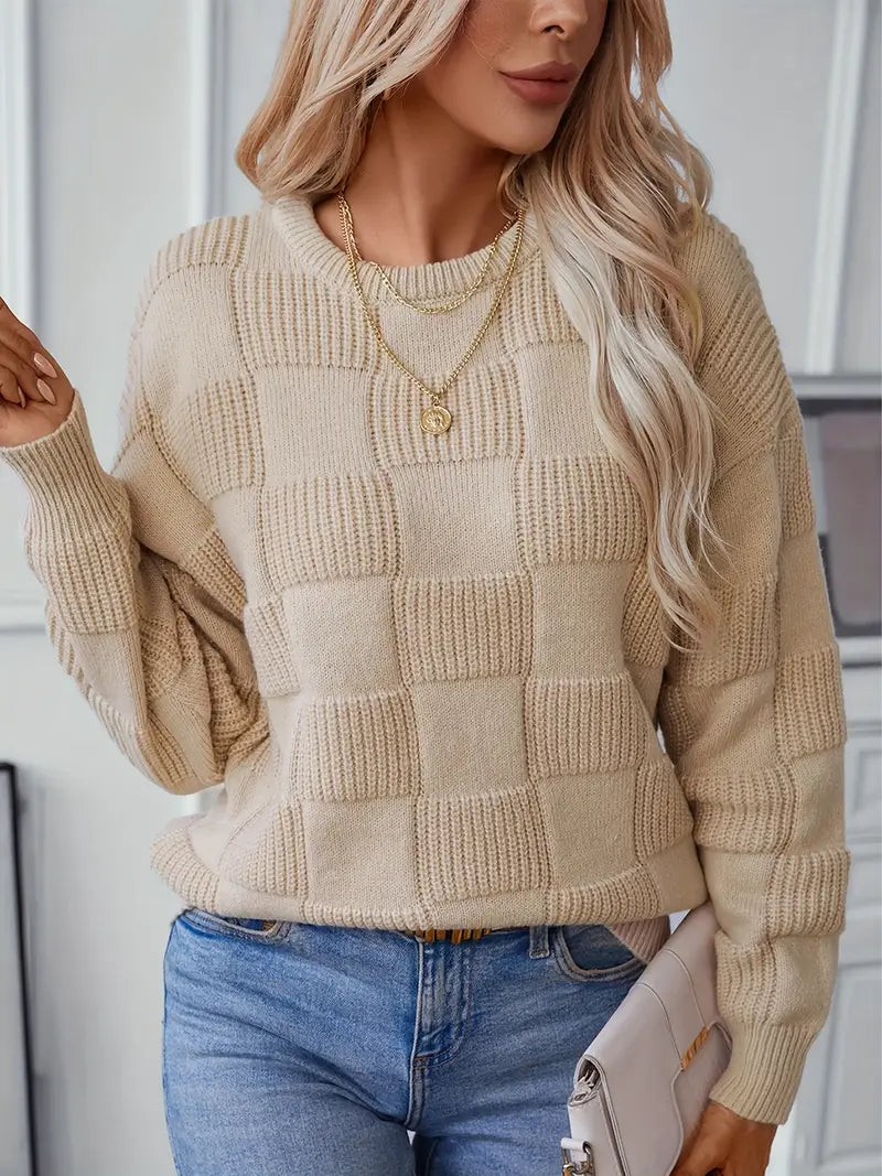 Chic Plaid Crew Neck Knit Sweater