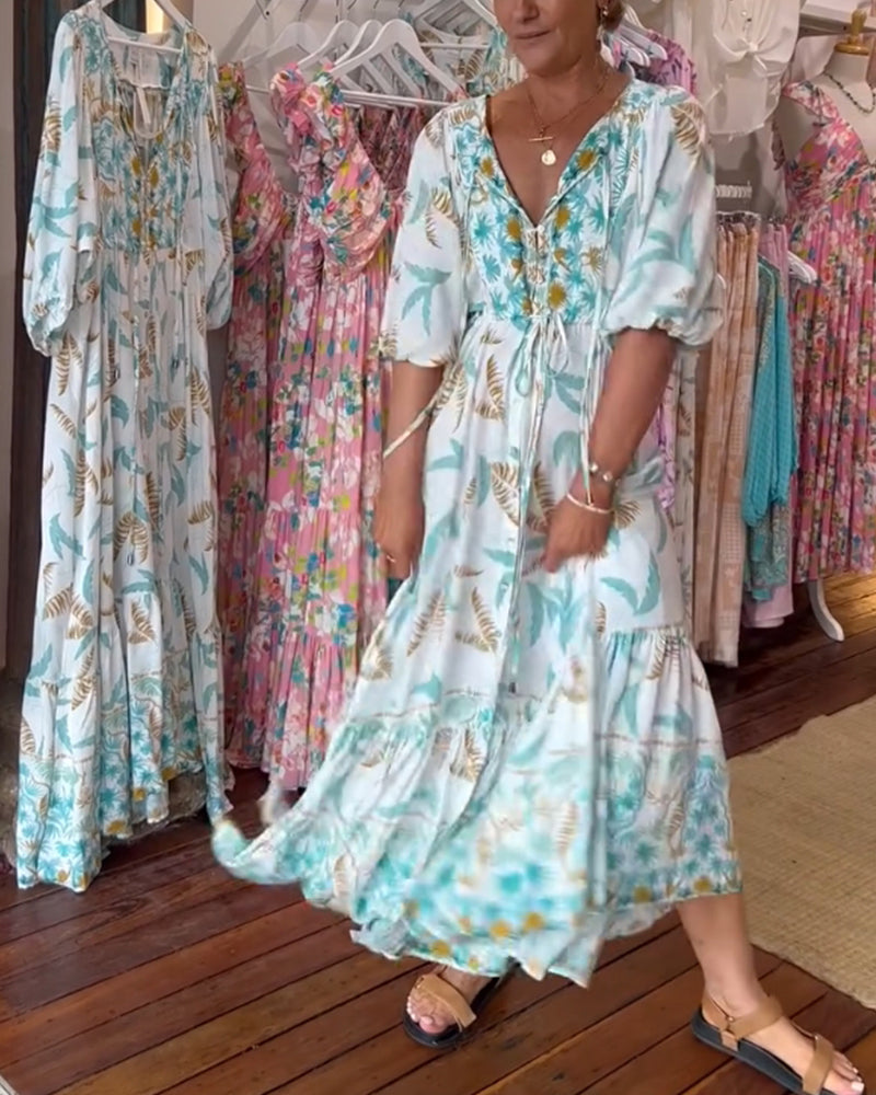 Women&#39;s V-neck leaf print maxi dress