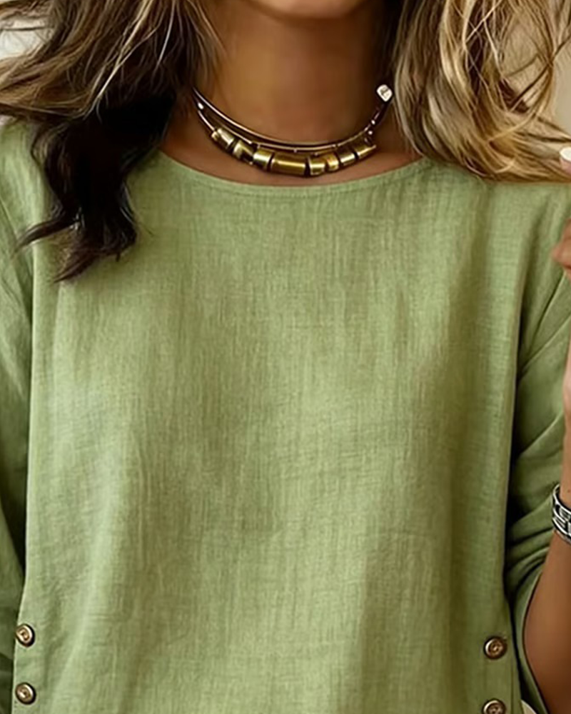 Casual Round Neck Button Design Top