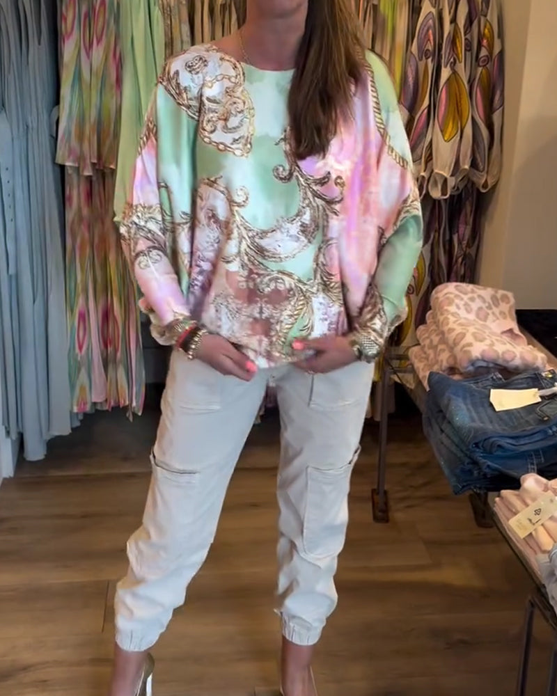 Print Loose Drop Shoulder Long Sleeve Top