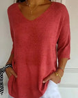 Solid Color Knitted V-Neck Blouse