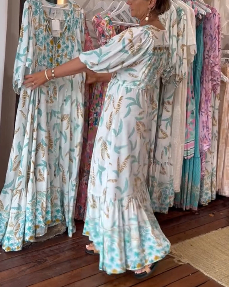 Women&#39;s V-neck leaf print maxi dress