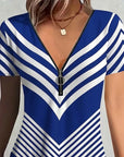 Zipper V-Neck Striped T-Shirt