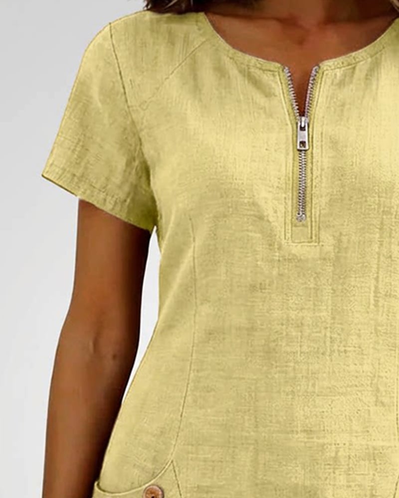 Zipper Pocket Cotton Linen Dress