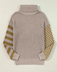 Striped Plaid Patchwork Waffle Knit Turtleneck Sweater