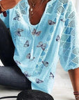 Ladies Butterfly Print V-neck Blouse
